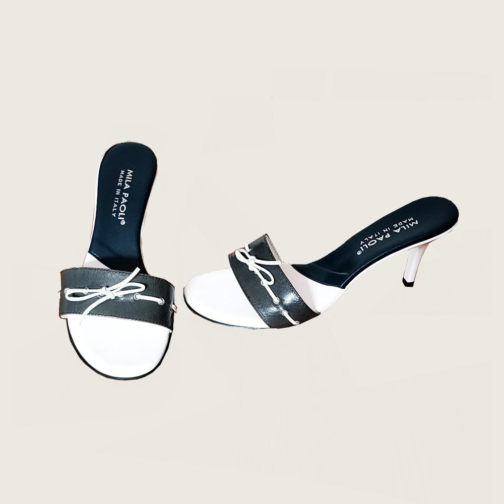 Mila Paoli Black and White Open-Toe Kitten Heel Slides